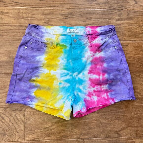 Judy Blue Denim Jean Shorts Size 1XL Tie Dye Snow Cone Multicolor Raw Hem - Picture 1 of 8
